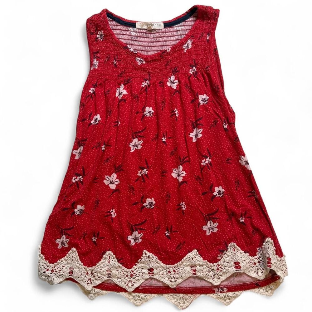 Rewind Red Floral Smocked Babydoll Tank Top Crochet Hem Women’s XS Boho - Picture 3 of 7